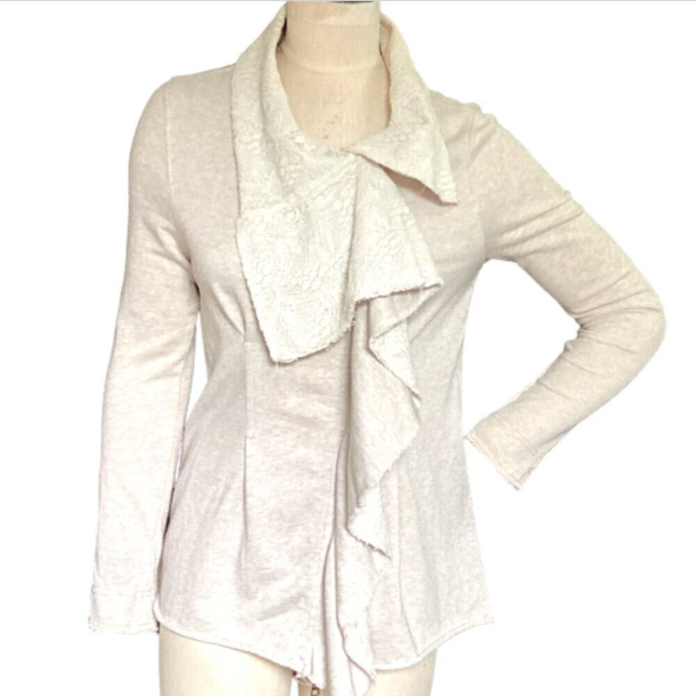 Mystree Asymmetric Zip Jacket Slub Knit Lace Collar Sz S Light Beige 164D